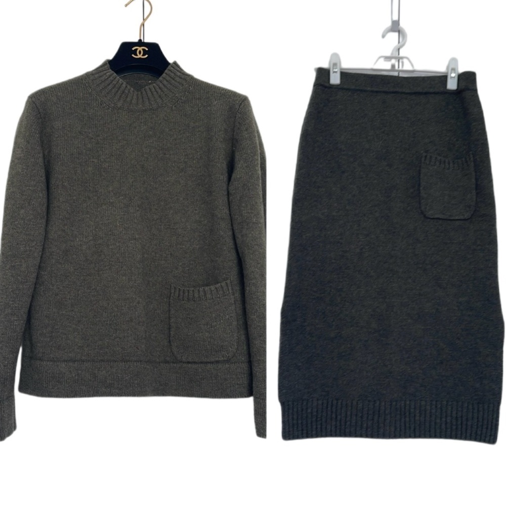 Olive Green Pullover Cashmere Sweater & Cashmere Midi Skirt Set